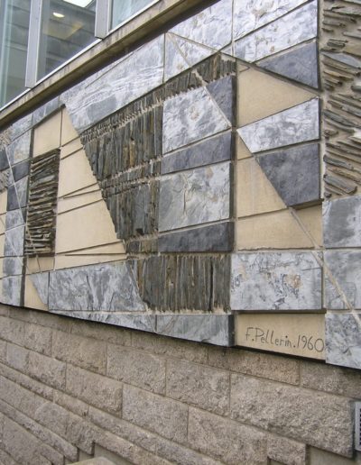 Mural, stone and slate, 1960, courtyard area, Faculté de Droit