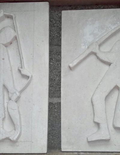 Fishing with a net, Fishing with a line, bas-reliefs, plaster, 1945 to 1950
